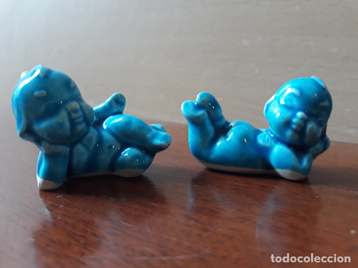 Vintage: Figuras de ni&ntilde;os Beb&eacute;s con alas- &aacute;ngeles querubines- porcelana china azul turquesa