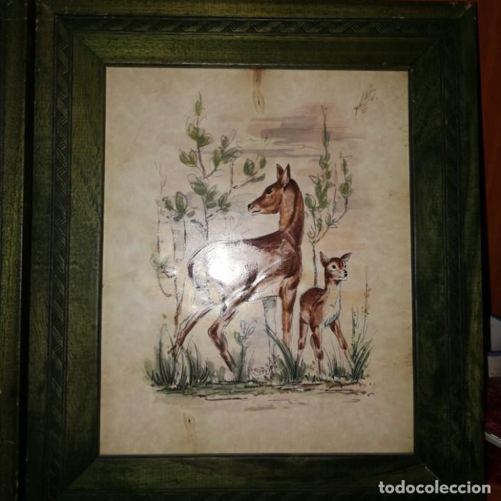 Vintage: 2 CUADROS DE ANTIGUOS AZULEJOS PINTADOS A MANO CIERVO, CAZA , MONTERIA, ANIMALES SPAIN