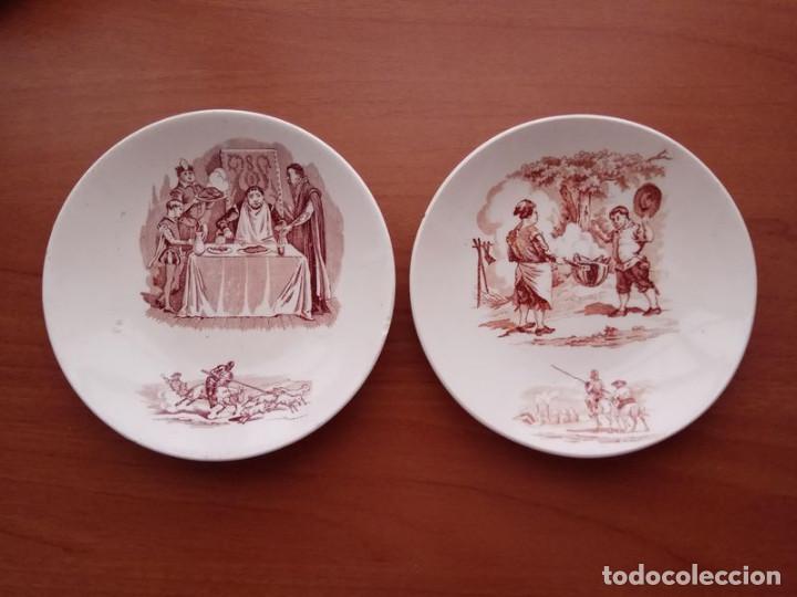 Vintage: Pareja de platitos cer&aacute;mica de Luneville K&G, con im&aacute;genes de El Quijote, de finales siglo XIX