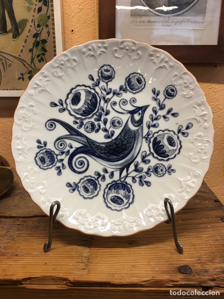 Vintage: Plato de cer&aacute;mica esmaltada con bonito dibujo de p&aacute;jaro y motivos florales - animal, ave