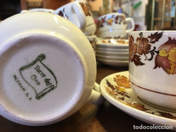 Vintage: Juego de café - Cerámica esmaltada Pickman Torre del Oro - Jarra, tazas y platos decoración floral - Foto 3 - 221257322
