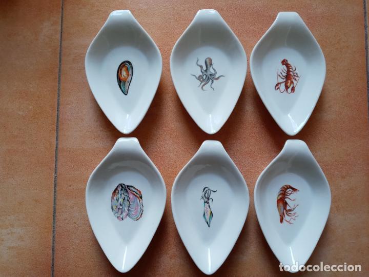 Vintage: Juego de 6 platos de aperitivos de porcelana- Fauna marina- pulpo langosta calamar..
