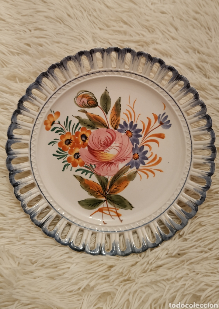 Vintage: Plato de ceramica esmaltado flores decoracion