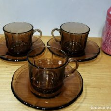 Vintage: 3 TAZAS CAFÉ CON SUS PLATOS, DURALEX COLOR CHOCOLATE. ONDAS. AÑOS 60-70. Lote 236093465