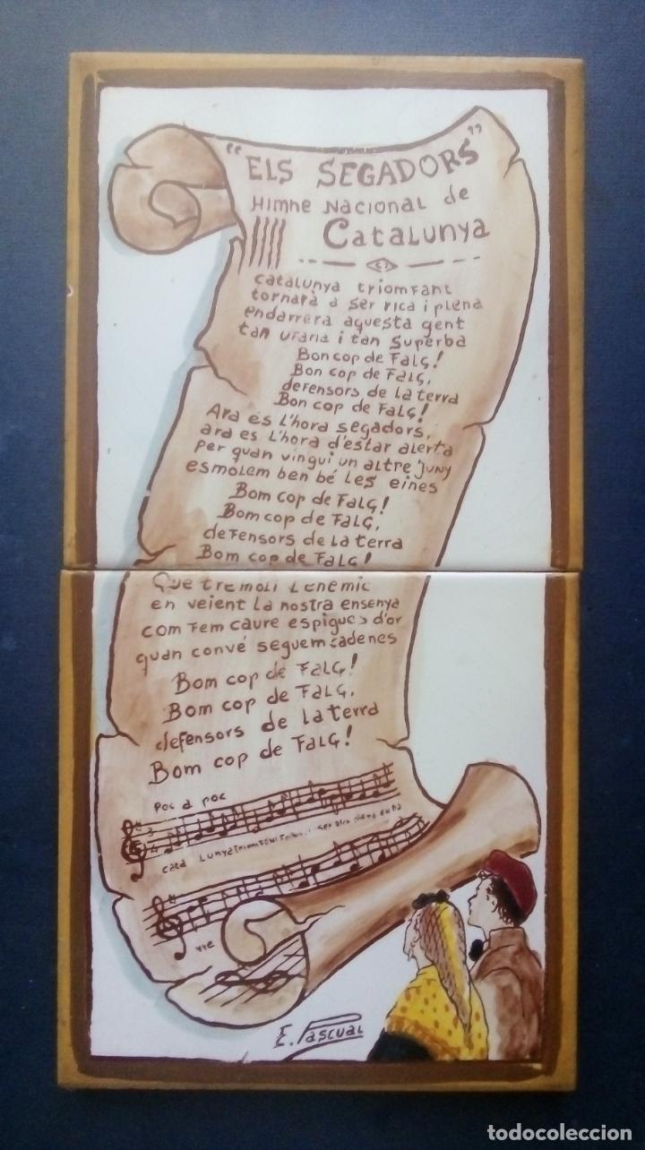 Vintage: PAREJA DE AZULEJOS CON LA LETRA DEL HIMN0 NACIONAL DE CATALUNYA 'ELS SEGADORS'.