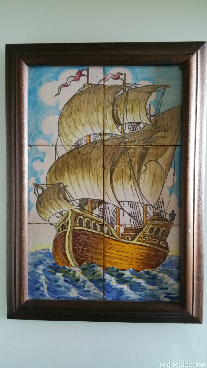 Vintage: Cuadro de carabela formado por mosaico de azulejos esmaltados. 6 unds.