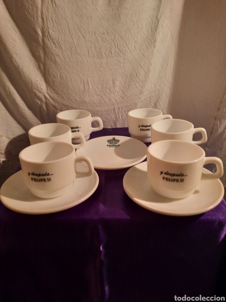 Vintage: Seis tazas tres platos cafe &iquest; arcopal ? con publicidad Felipe II Blazquez