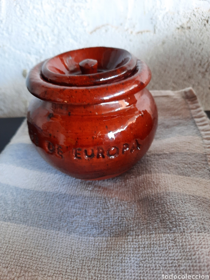 Vintage: Antiguo tarro de miel barro esmaltado Picos de Europa