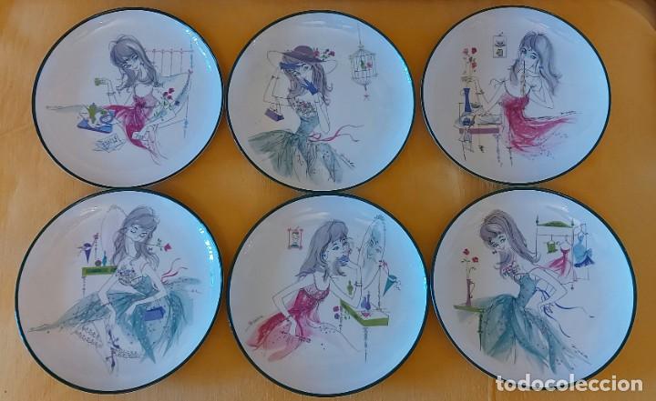 Vintage: Juego de 6 platos a&ntilde;os 60 Santa Clara pintados a mano firmados Gisele