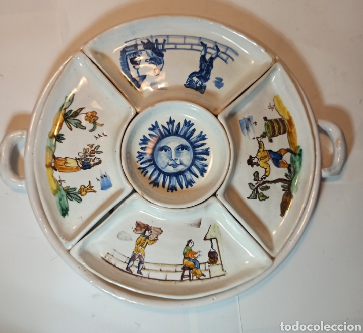 Vintage: bandeja plato de barro con recipientes mismo formato . pintado a mano .