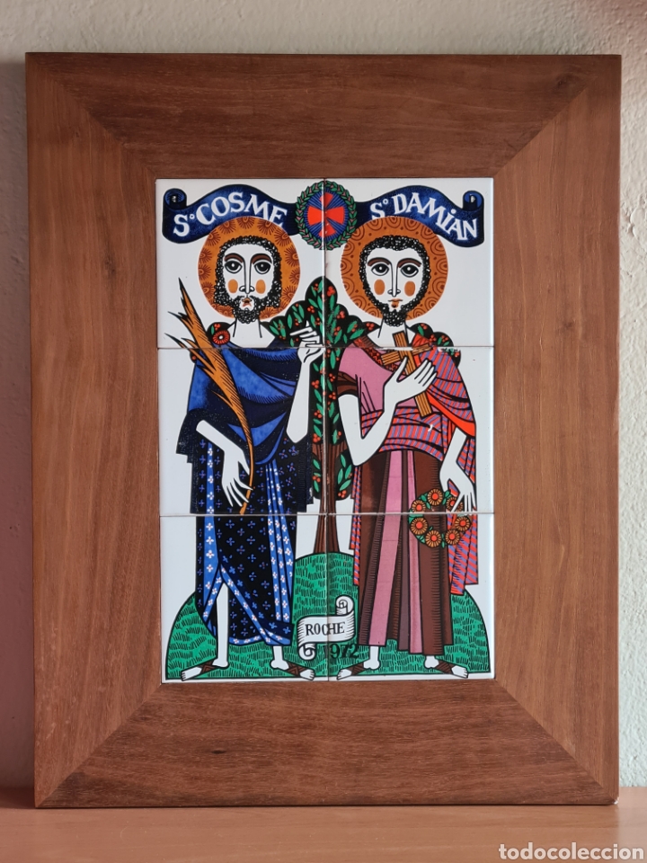 Vintage: Cuadro azulejos San Cosme San Dami&aacute;n Farmac&eacute;utica Roche 1972 Alcora Decoraci&oacute;n Patronos Cirug&iacute;a