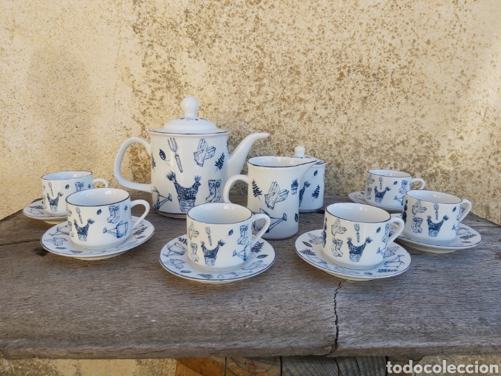 Vintage: Juego de café años 80 con motivos de jardinería en blanco y azul. - Foto 2 - 293887178