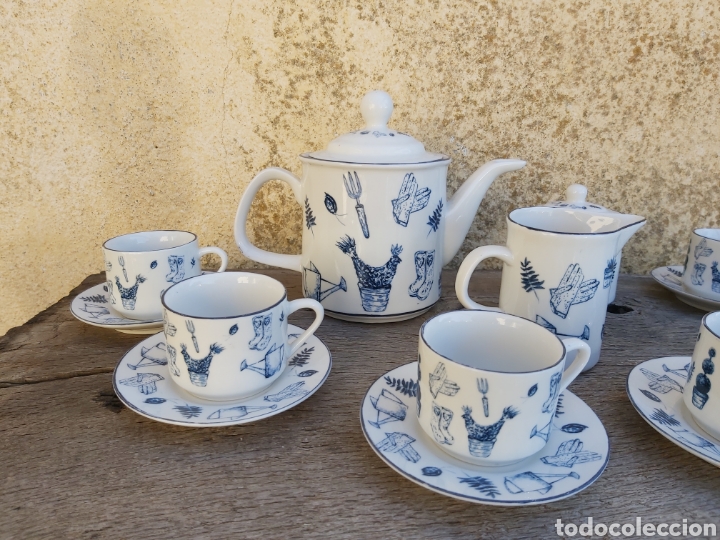Vintage: Juego de café años 80 con motivos de jardinería en blanco y azul. - Foto 3 - 293887178