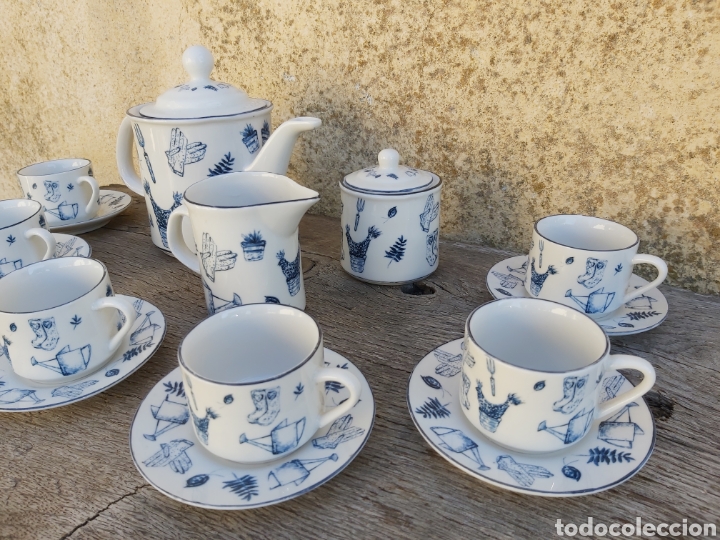 Vintage: Juego de café años 80 con motivos de jardinería en blanco y azul. - Foto 4 - 293887178