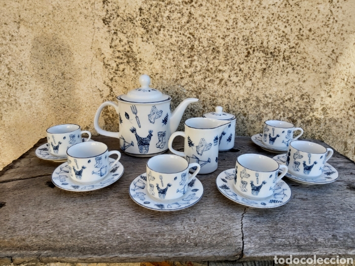Vintage: Juego de café años 80 con motivos de jardinería en blanco y azul. - Foto 1 - 293887178