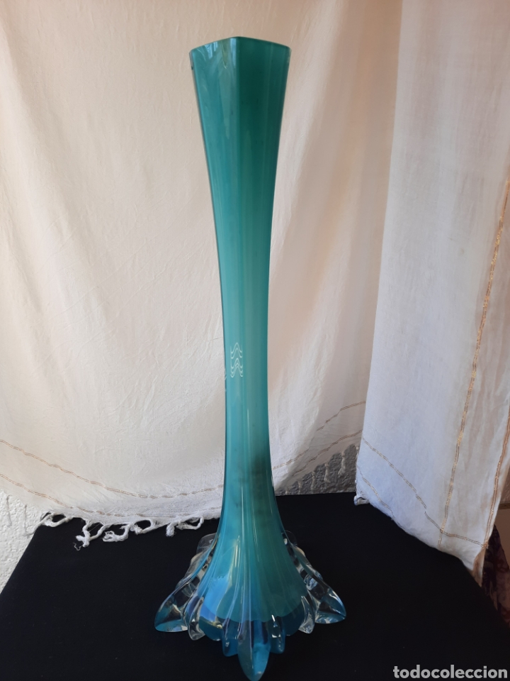 Vintage: Florero cristal vintage turquesa pentagonal
