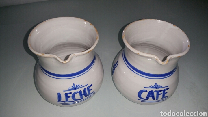 Vintage: Pareja de jarras, leche y cafe,cer&aacute;mica esmaltada de puente del arzobispo.