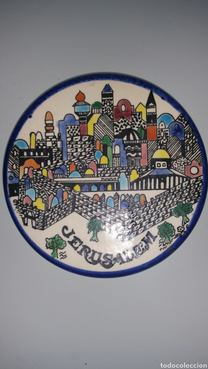Vintage: Plato peque&ntilde;o de cer&aacute;mica esmaltada para colgar, JERUSAL&Eacute;N.