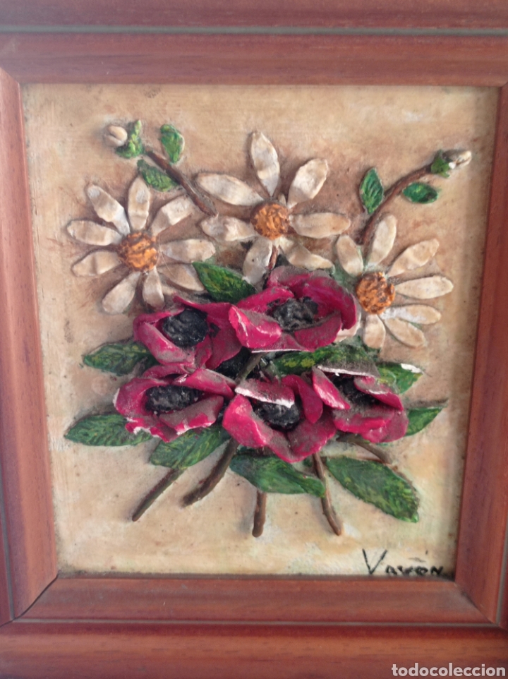Vintage: Cuadro de flores de cer&aacute;mica firmado