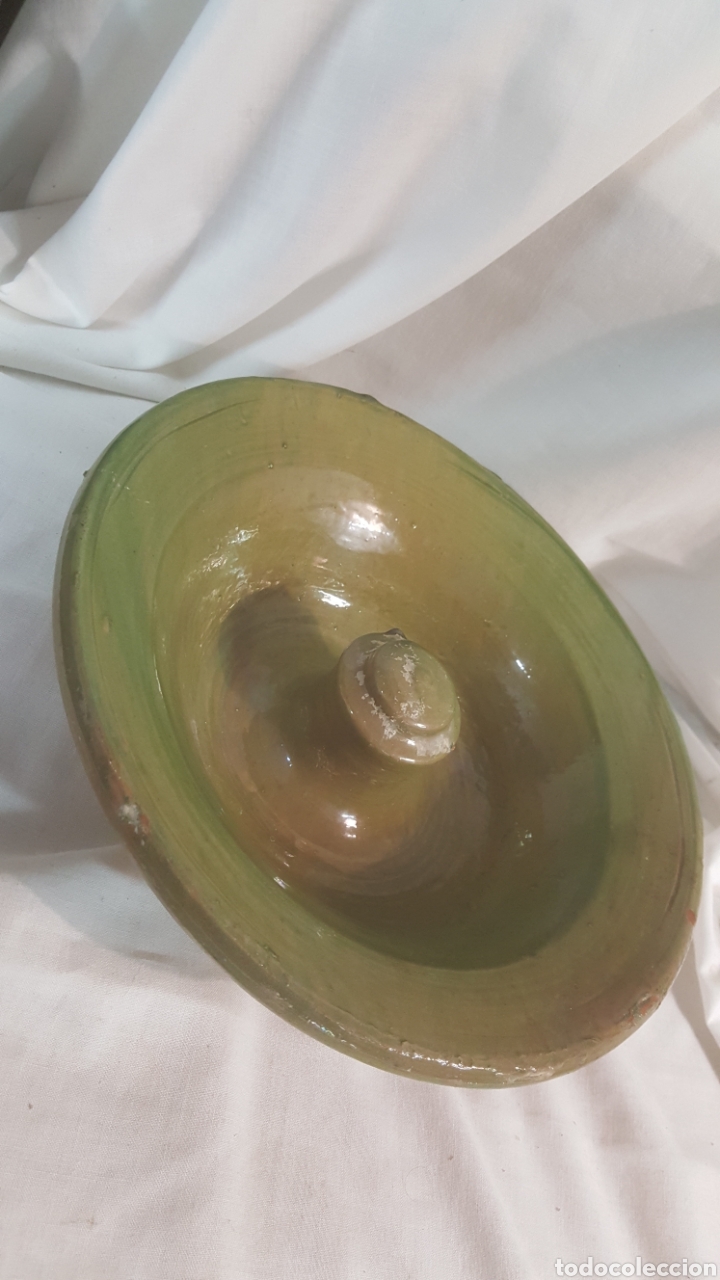 Vintage: ANTIGUO ACEITUNERO DE CER&Aacute;MICA CON VIDRIADO VERDE POSIBLE MANISES O ALCORA