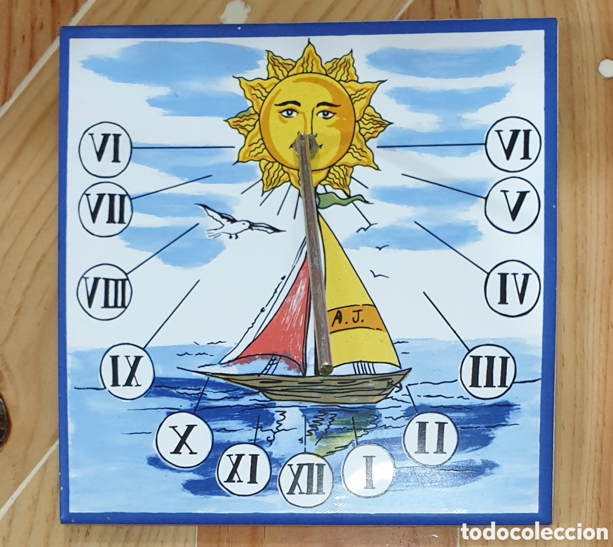 Vintage: Reloj de sol.azulejo barco