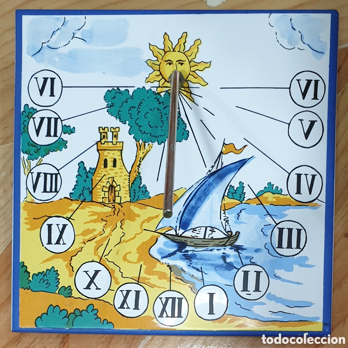 Vintage: Reloj de sol azulejo barco y castillo