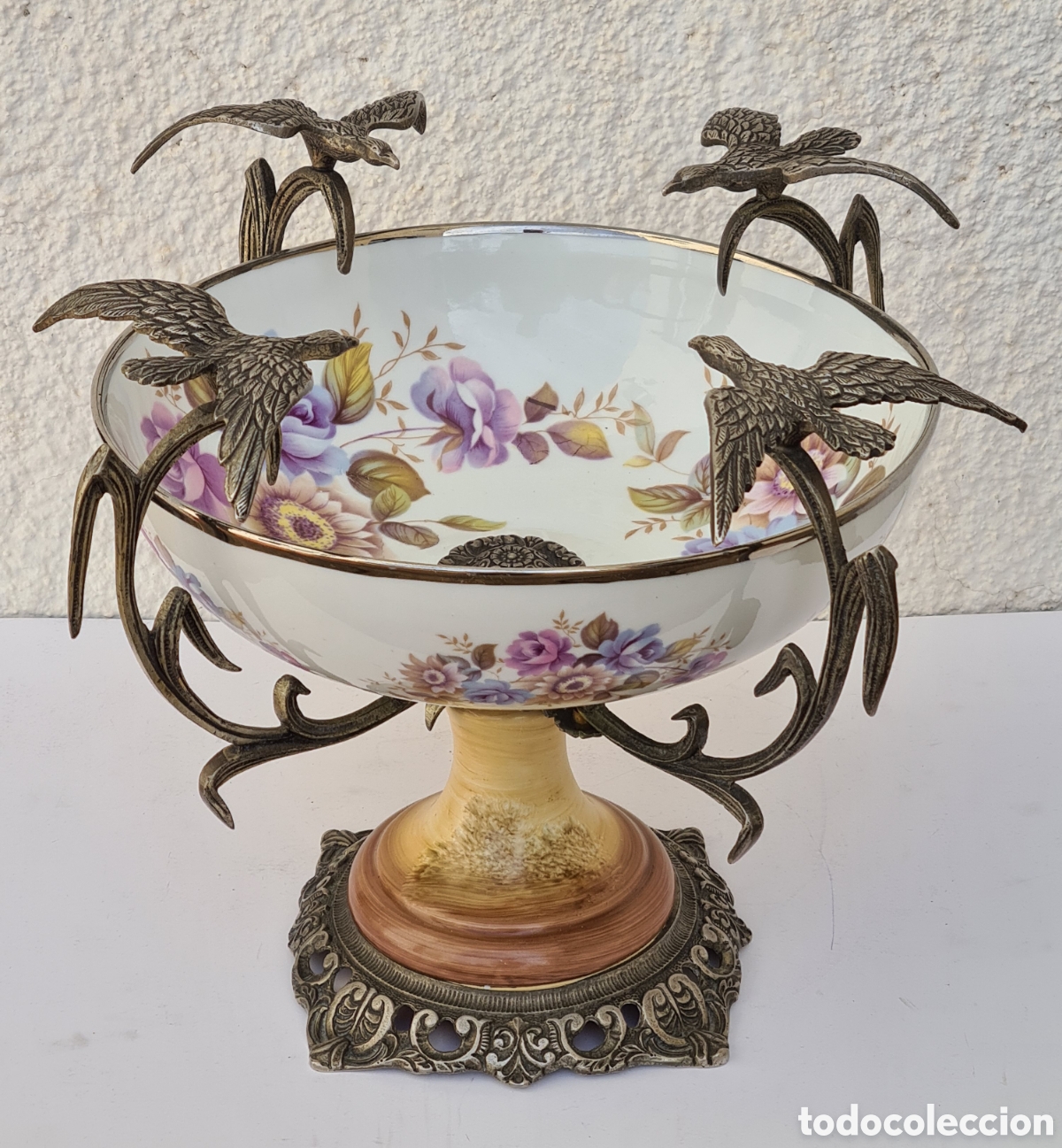 Vintage: Centro de Mesa Frutero - Decoraci&oacute;n P&aacute;jaros y Flores - Porcelana