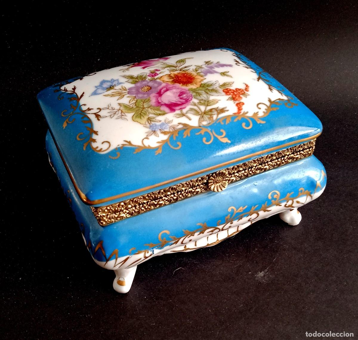 Vintage: Cofre Grande Porcelana&rdquo;Norleans Japan&rdquo; Azul Turquesa Decorado Flores