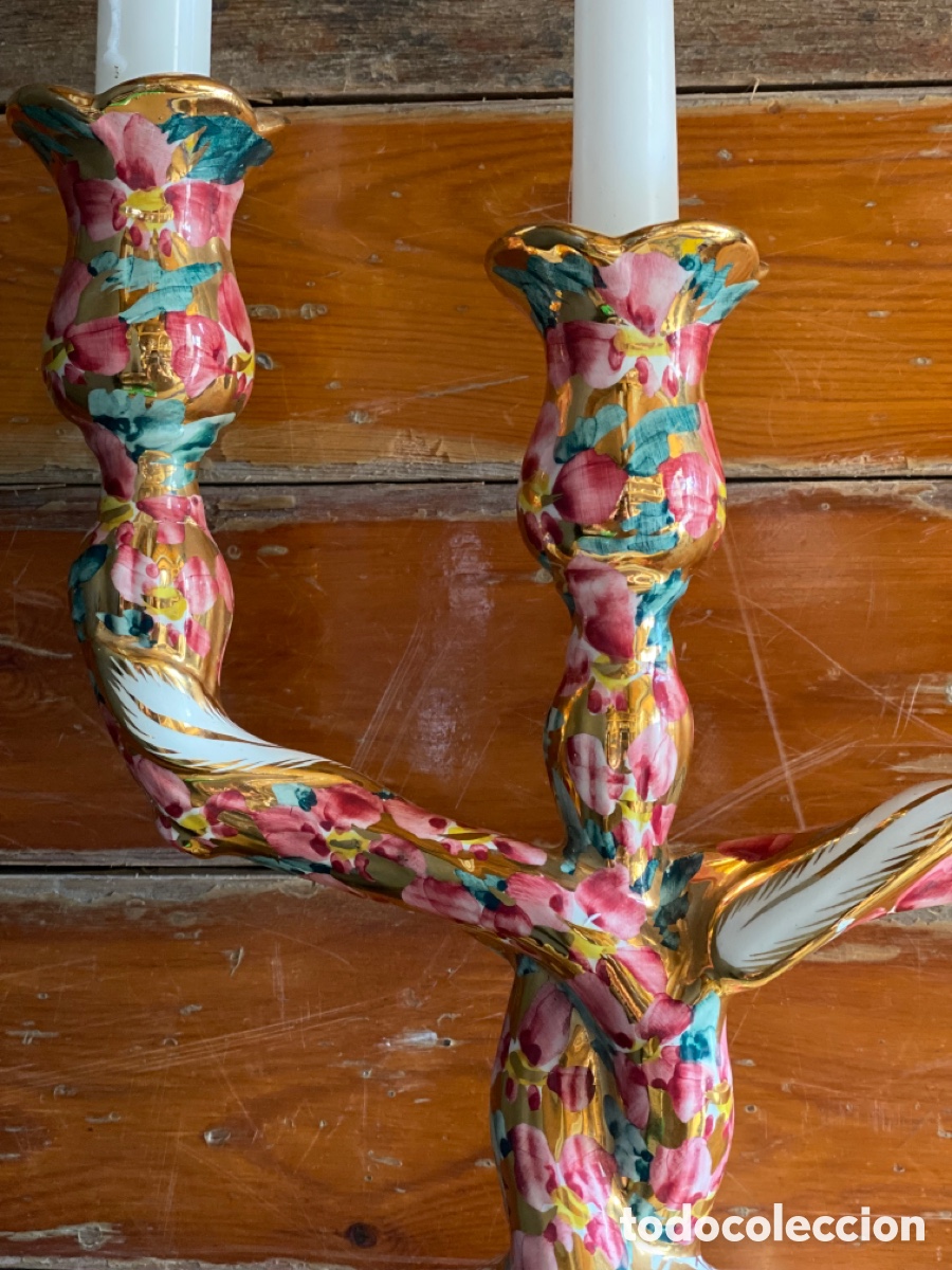 Vintage: Candelabro porcelana quart de poblet San Onofre pintado a mano vintage oro cer&aacute;mica porta velas