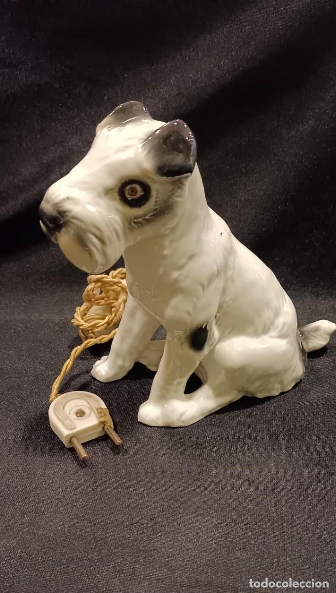 Vintage: LAMPARA SOBREMESA ``FOX TERRIER&acute;&acute; OJOS DE CRISTAL FINAL S.XIX