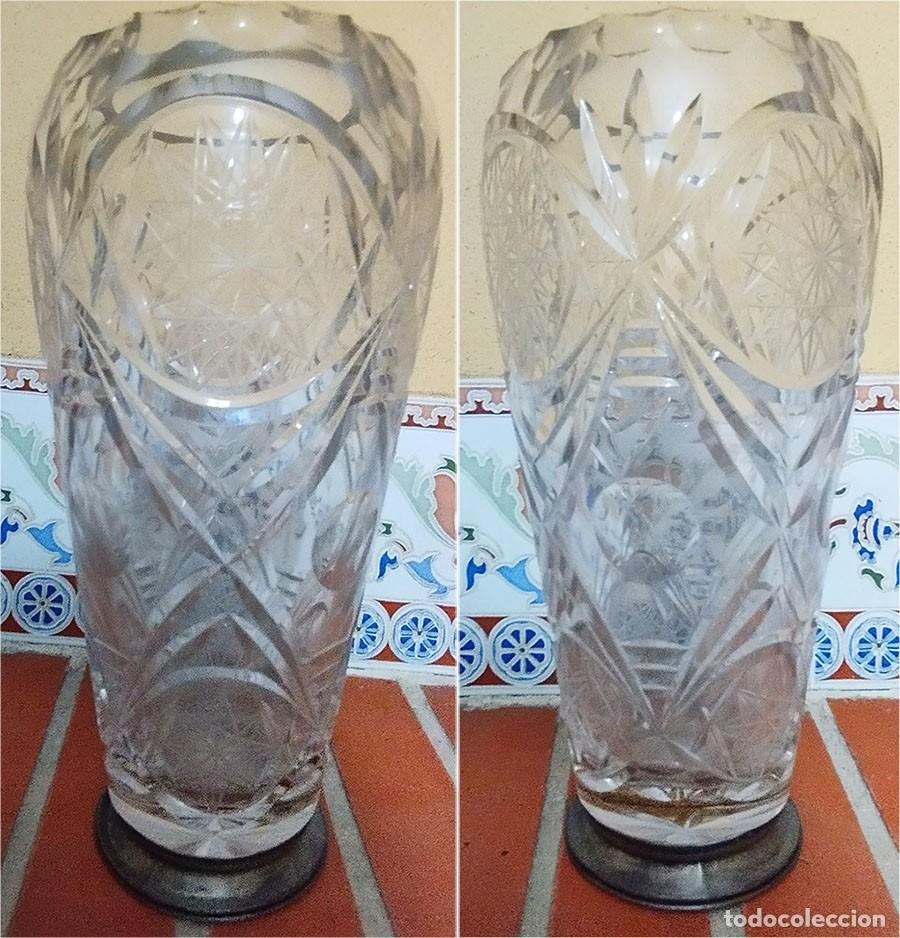 Vintage: ANTIGUO FLORERO CRISTAL CON BASE DE PLATA DECORACION GEOMETRICA ESTRELLAS ROSAS 26 CM ALTO