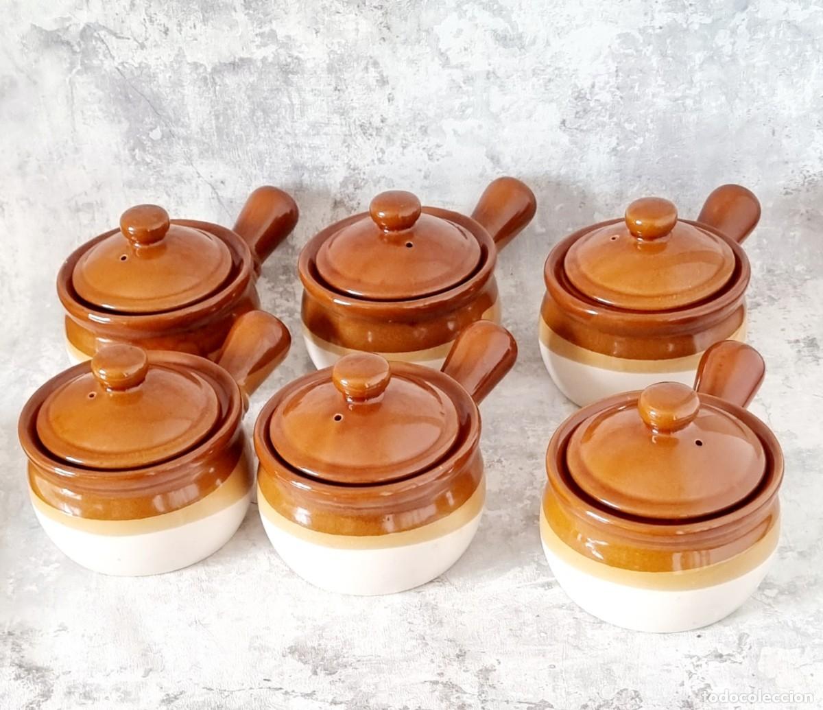 Vintage: 6 Cazuelas con tapa de cer&aacute;mica francesa para sopas o cremas
