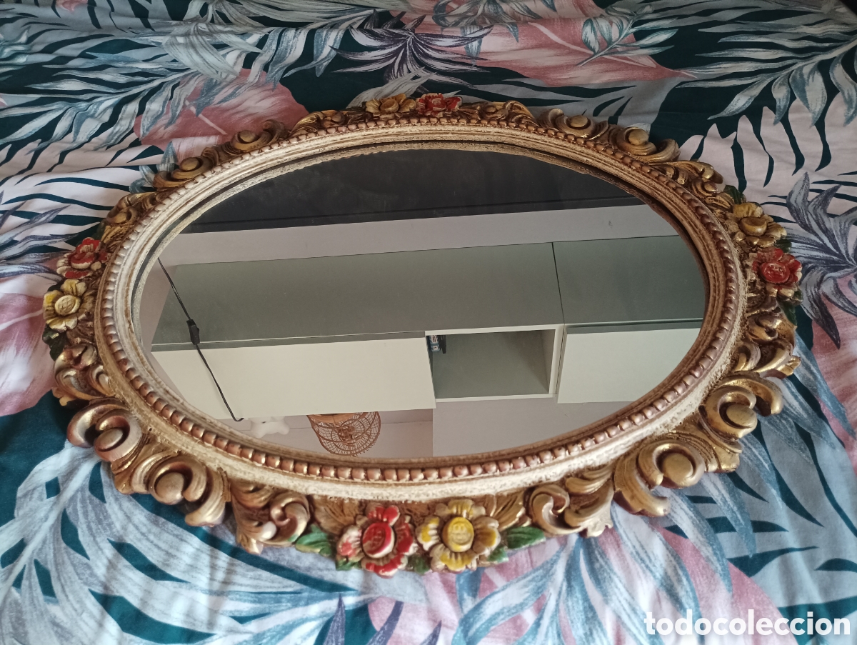 Vintage: Espejo oval tallado de madera - Foto 4