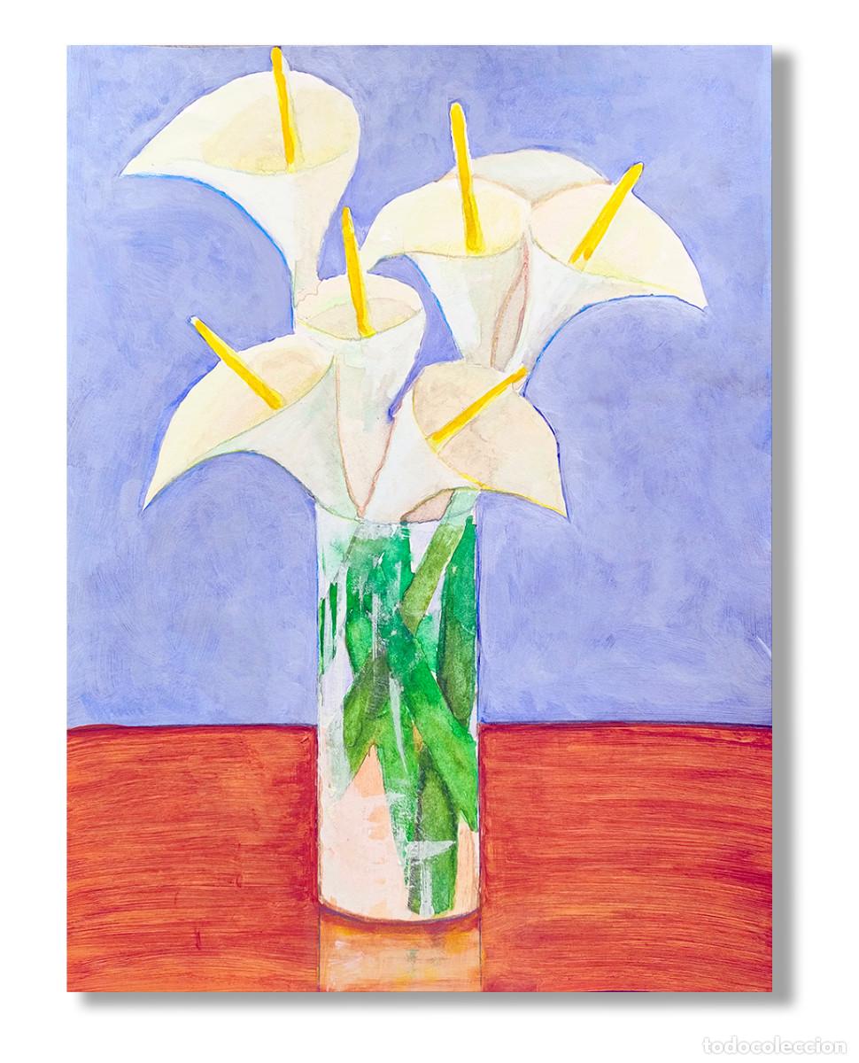 Vintage: Acuarela. Recipiente vidrio con lirios de agua. 23 x 31 cms Flores