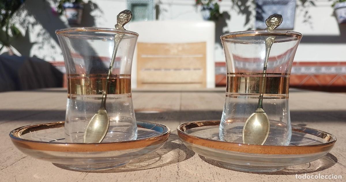Vintage: Pareja de vasos, platos y cucharillas turcas para caf&eacute; o t&eacute; &aacute;rabe