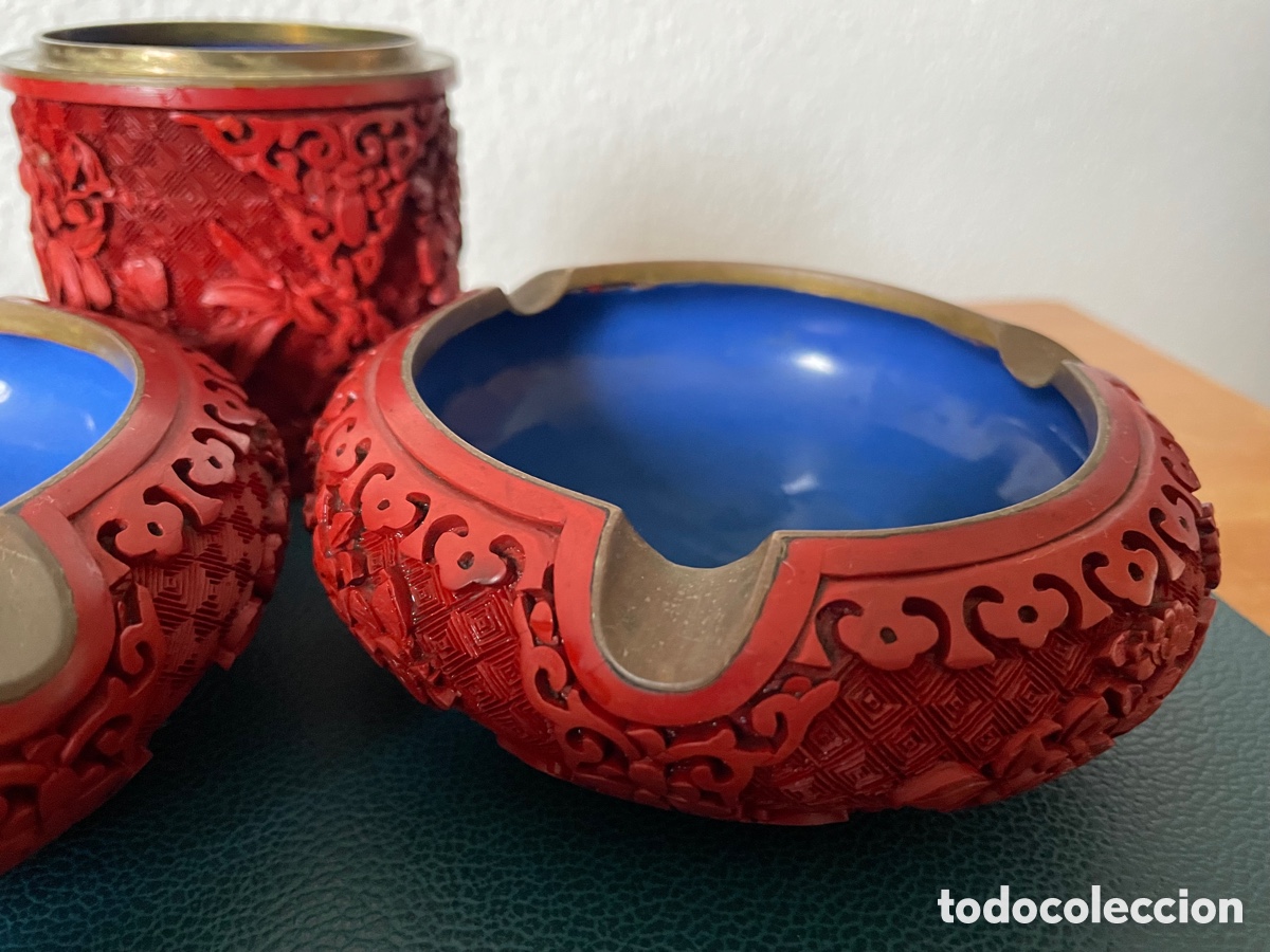 Vintage: Pitillera y ceniceros de Laca Cinabrio y Bronce - Foto 2