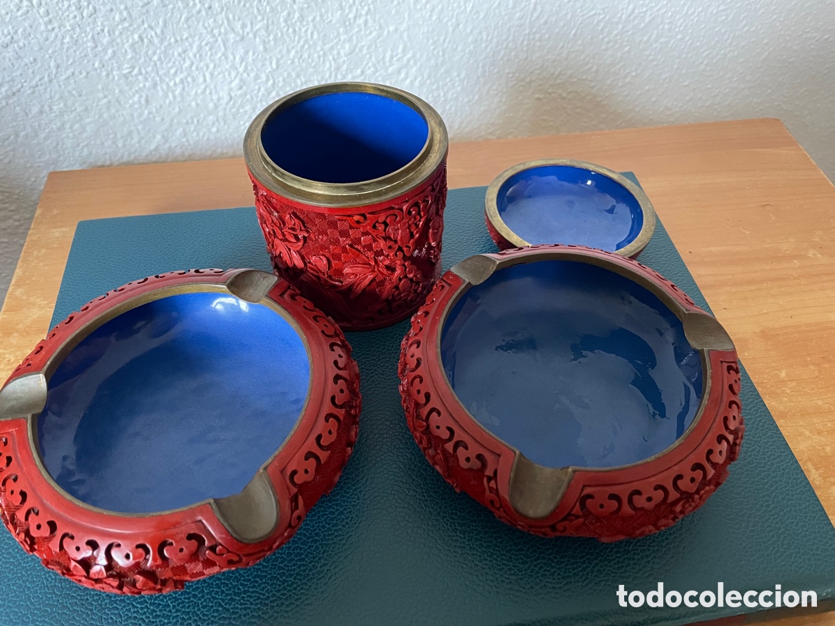 Vintage: Pitillera y ceniceros de Laca Cinabrio y Bronce - Foto 4