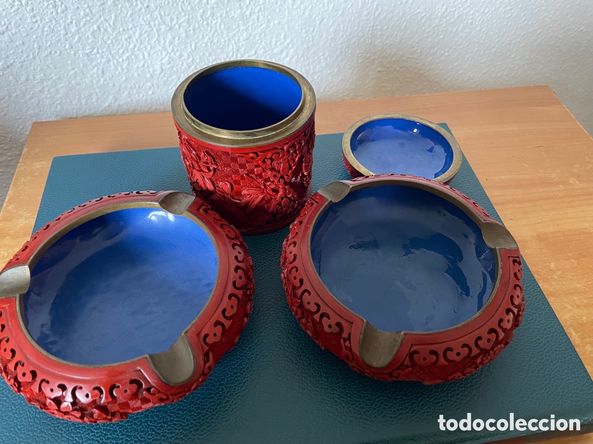 Vintage: Pitillera y ceniceros de Laca Cinabrio y Bronce - Foto 1