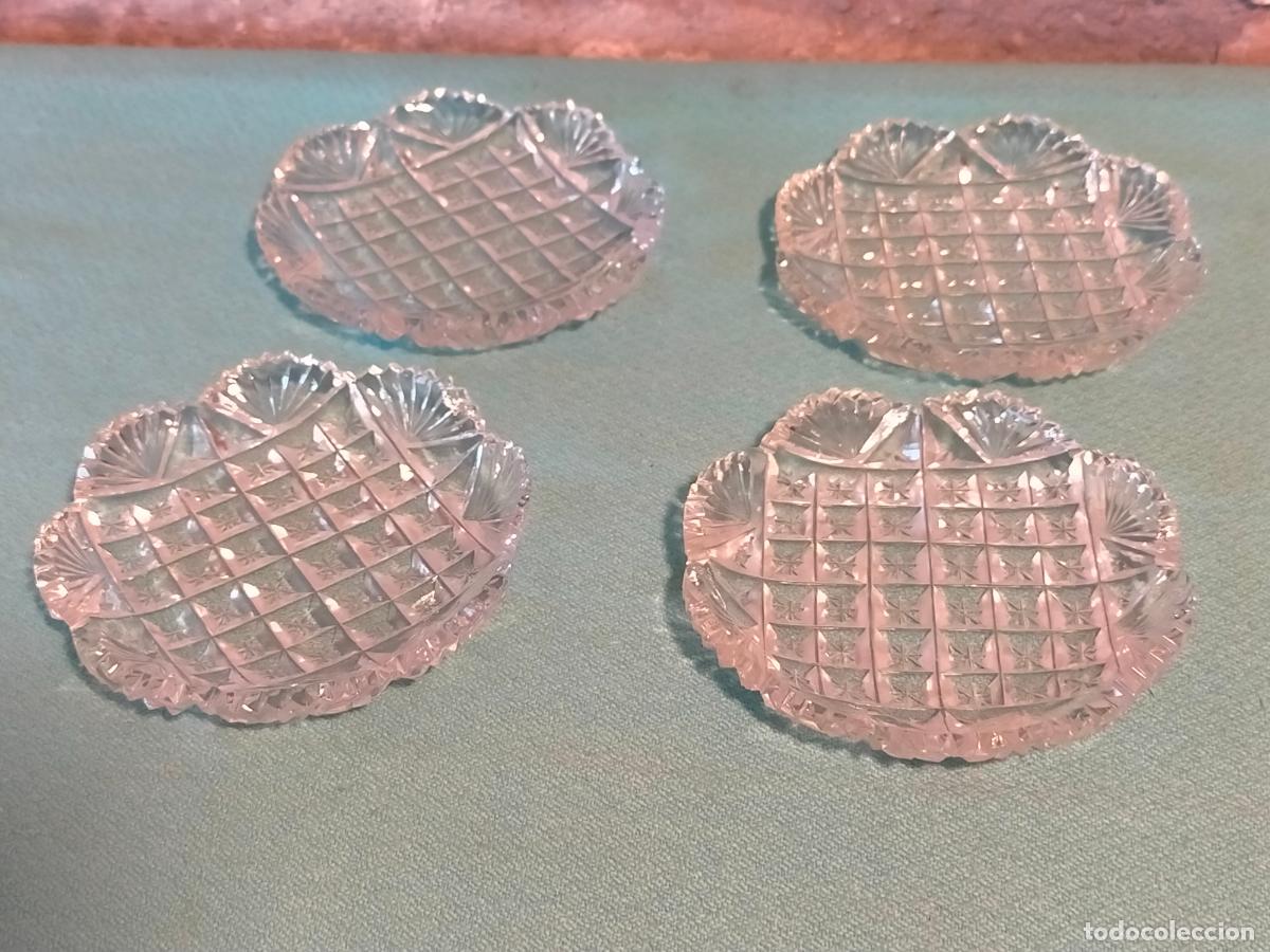 Vintage: Lote juego 4 platos peque&ntilde;os platitos de cristal tallado aperitivo estilo Art dec&oacute; a&ntilde;os 40-50