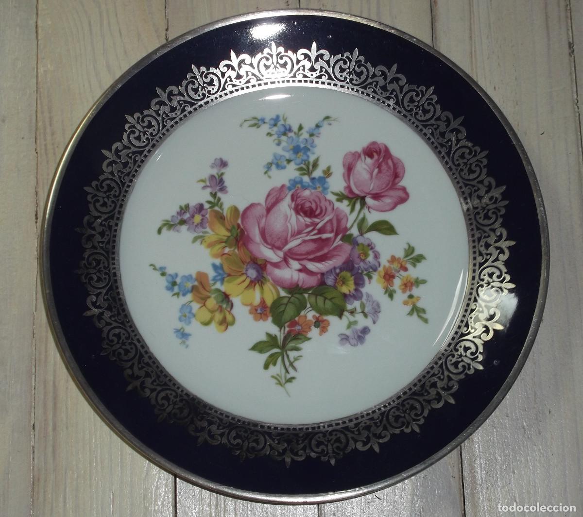 Vintage: Plato decorativo de porcelana de ULISES - Sello - Borde y decoraci&oacute;n en plata