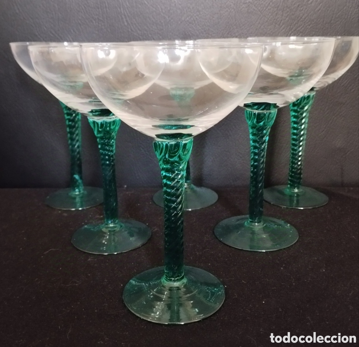 Vintage: JUEGO 6 COPAS CHAMPAGNE, CRISTAL FINO. TALLO VERDE. VINTAGE
