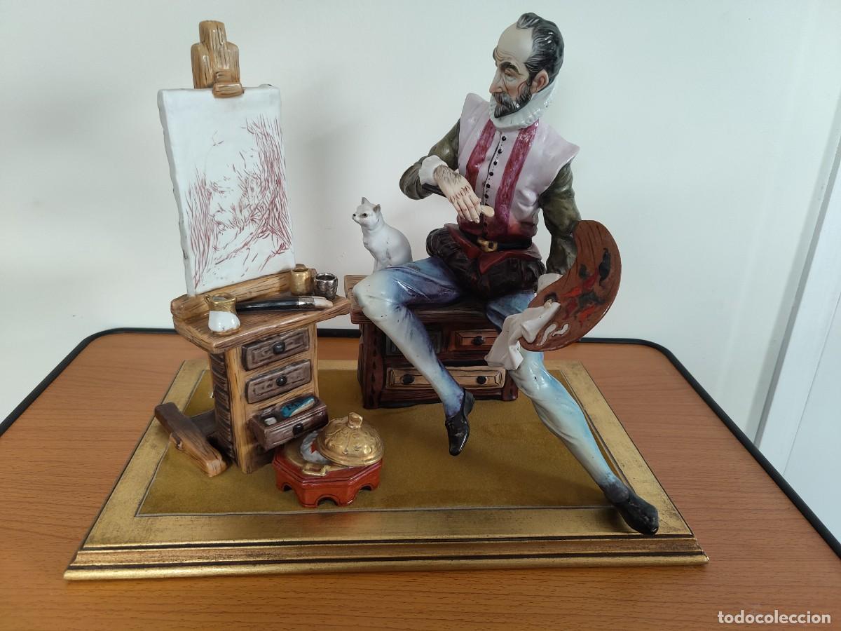 Vintage: Figura de Don Quijote pintando a Cervantes.