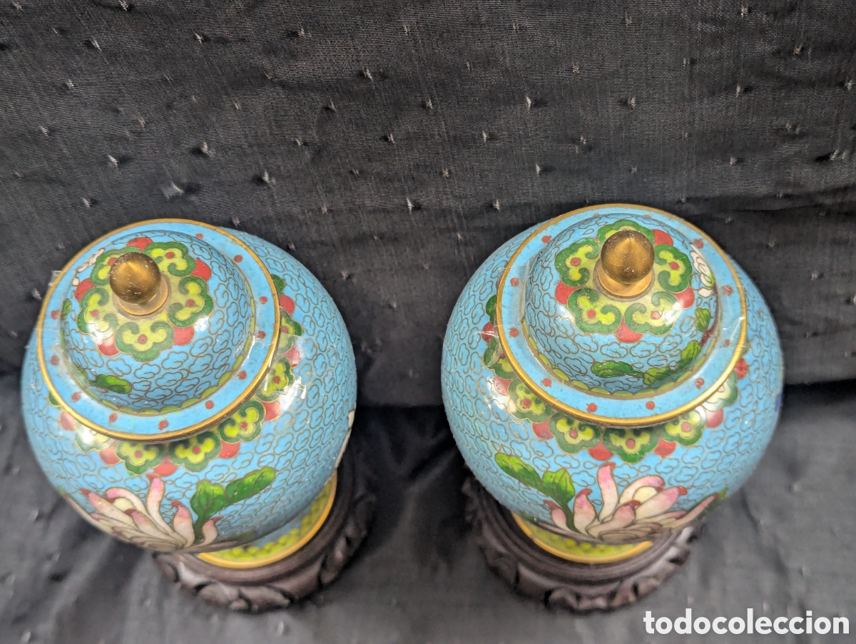 Vintage: PAREJA DE JARRONES DE CLOISONNE - Foto 4