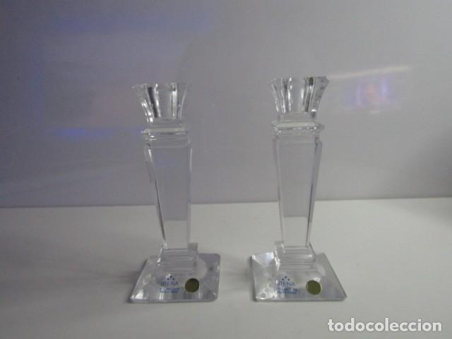 Vintage: PRECIOSA PAREJA DE PORTAVELAS EN CRISTAL IRENA, MADE IN POLAND - 15 CM