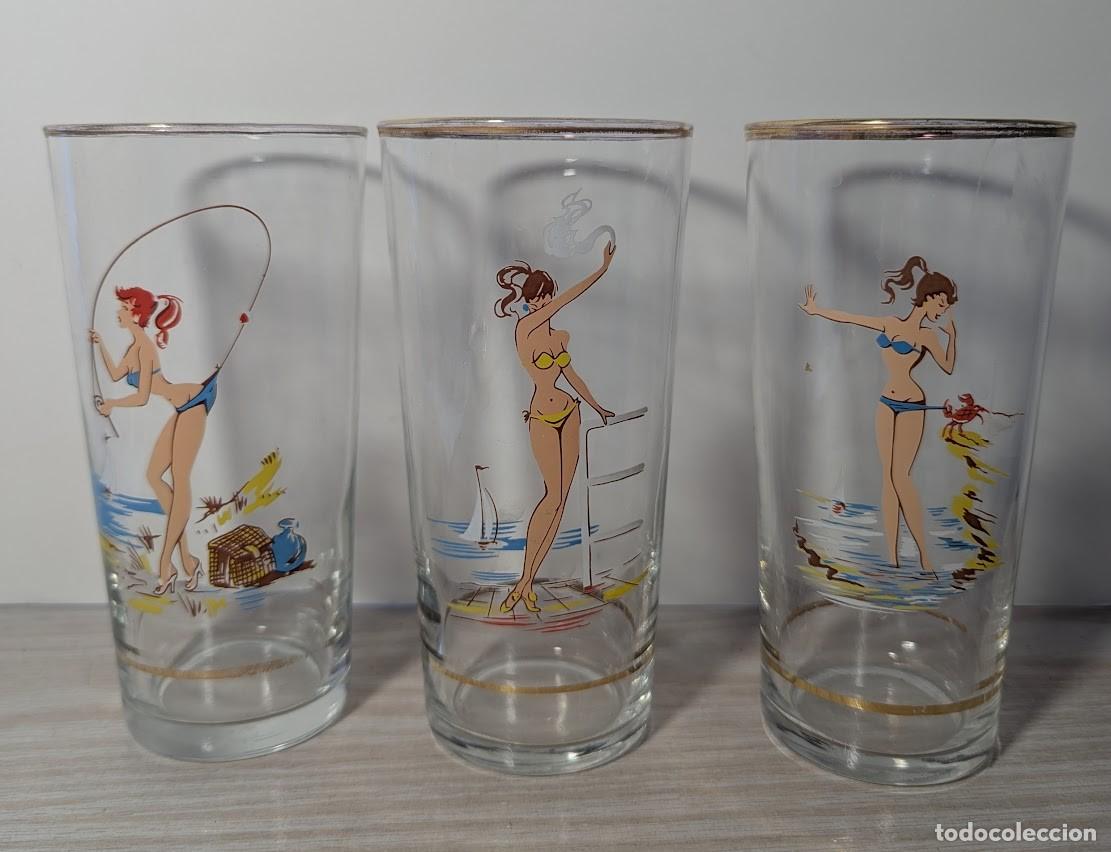 Vintage: TRES VASOS A&Ntilde;OS 60 DE CHICAS EN LA PLAYA