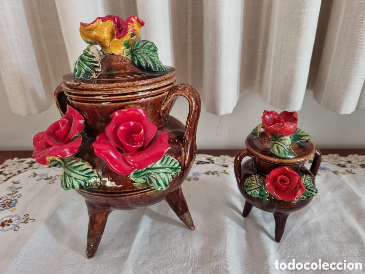 Vintage: 2 Potes decorativos. Artesan&iacute;a portuguesa. Barro cocido esmaltado. Con tapa.