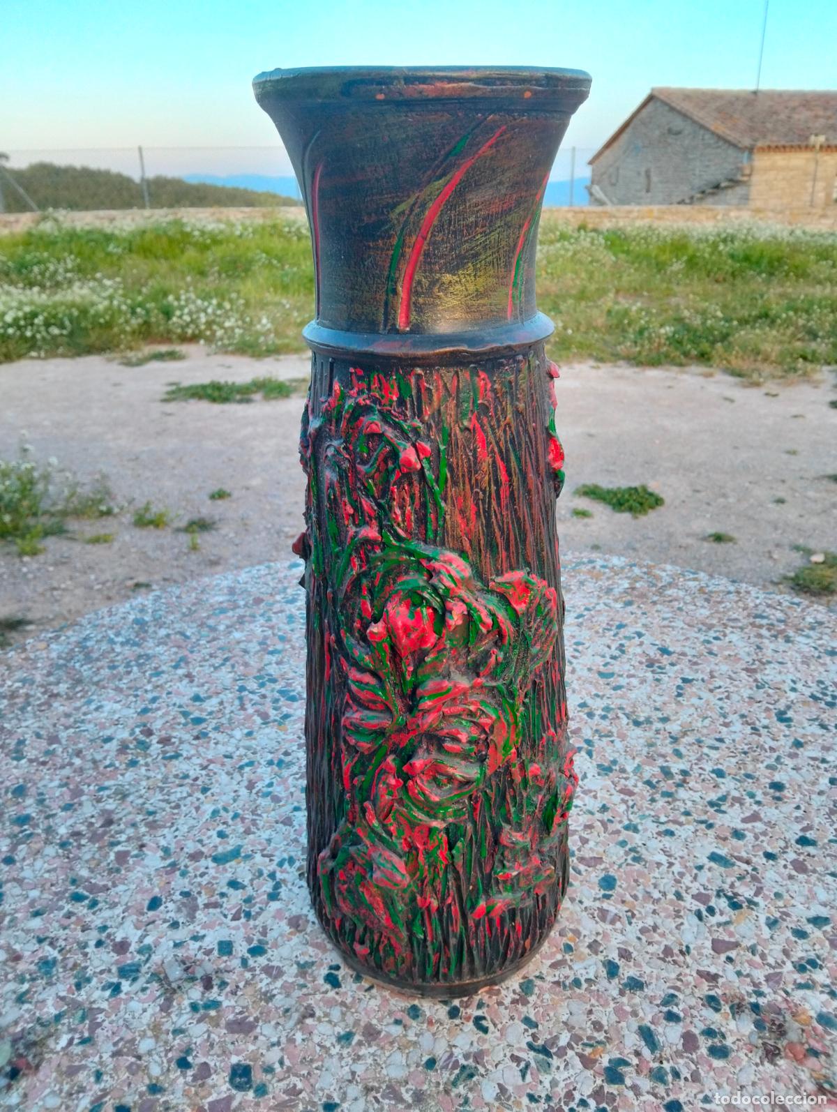 Vintage: Jarr&oacute;n florero decorativo antiguo pintado negro rojo verde flores estilo vintage grande a&ntilde;os 60