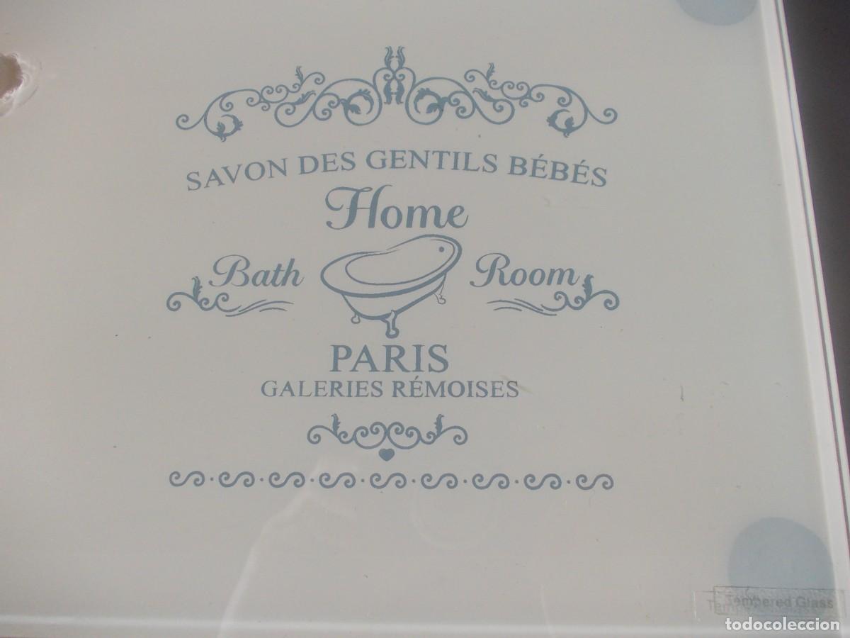 Vintage: Placa decorativa de cristal templado estilo franc&eacute;s ba&ntilde;o &ldquo;Savon des Gentils B&eacute;b&eacute;s&rdquo; a&ntilde;os 2010