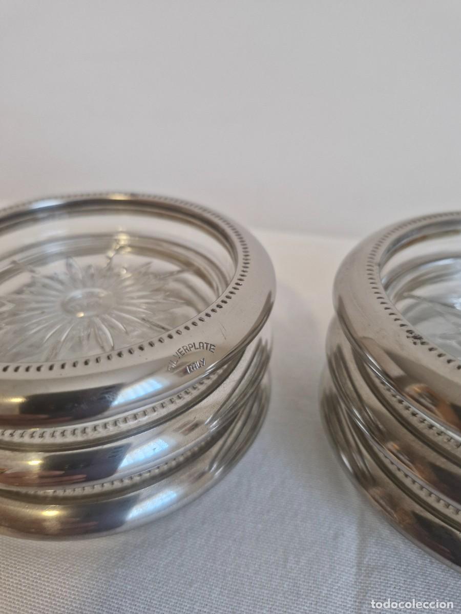 Vintage: POSAVASOS/CENICEROS 6 CRISTAL LABRADO Y BORDE PLATEADO SILVER PLATE ITALY