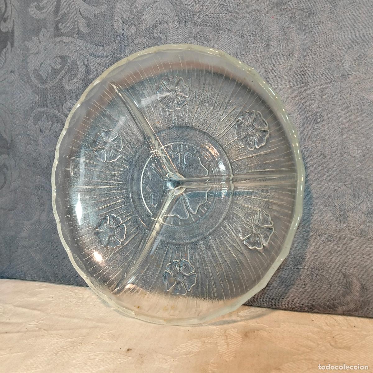 Vintage: Bandeja circular de cristal transparente tres compartimentos flores vintage a&ntilde;os 60